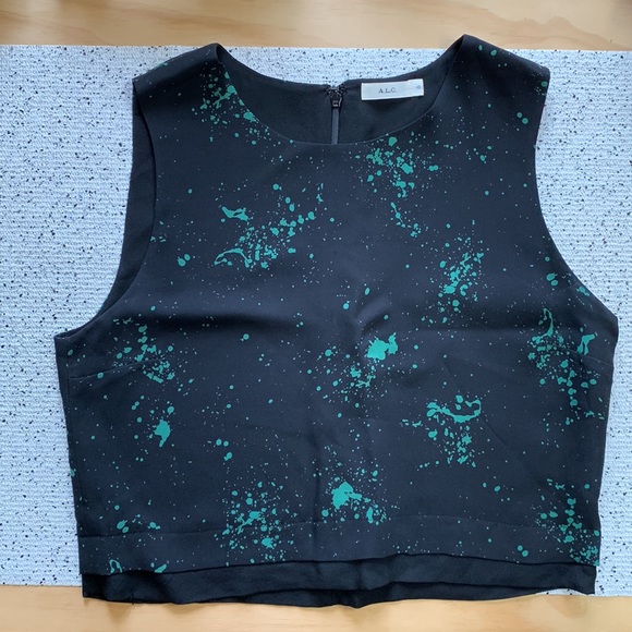A.L.C. 10 Devoe Green Splatter on Black Silk Crop Top - Picture 1 of 14